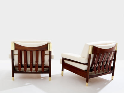 Carlo De Carli Pair of Armchairs in Rosewood Brass Leather, 1966 Chairs
