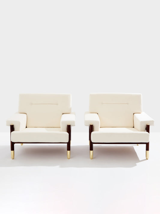 Carlo De Carli Pair of Armchairs in Rosewood Brass Leather, 1966 Chairs