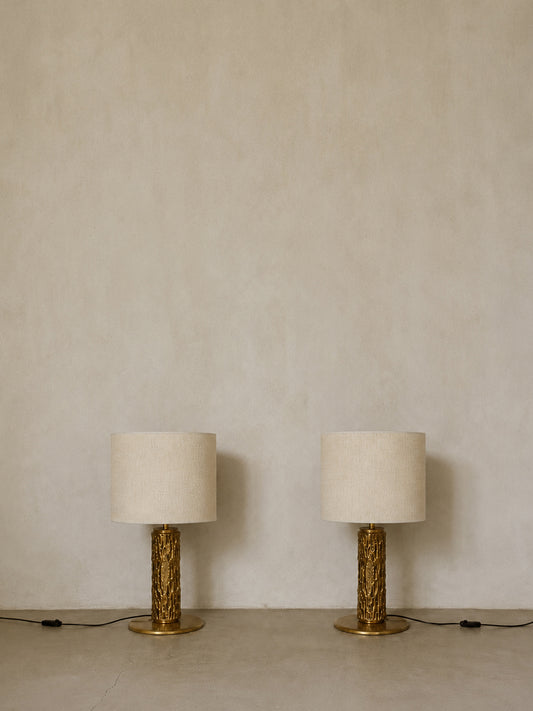Luciano Frigerio cast metal table lamps, pair, the pair unlit against a plaster wall
