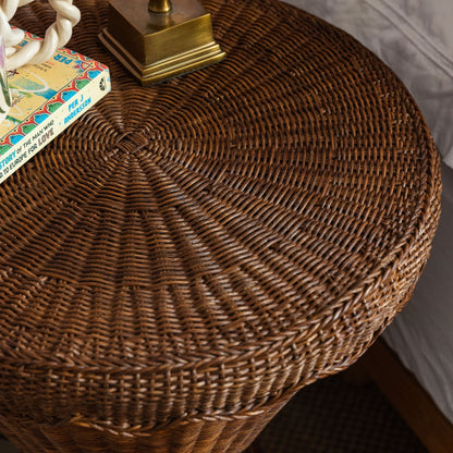 Damru Rattan Side Table, Teak End Tables