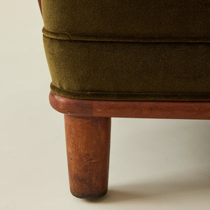Danish Lounge Chair with Velvet and Wood-Trimmed Armrest, 1940's Chairs