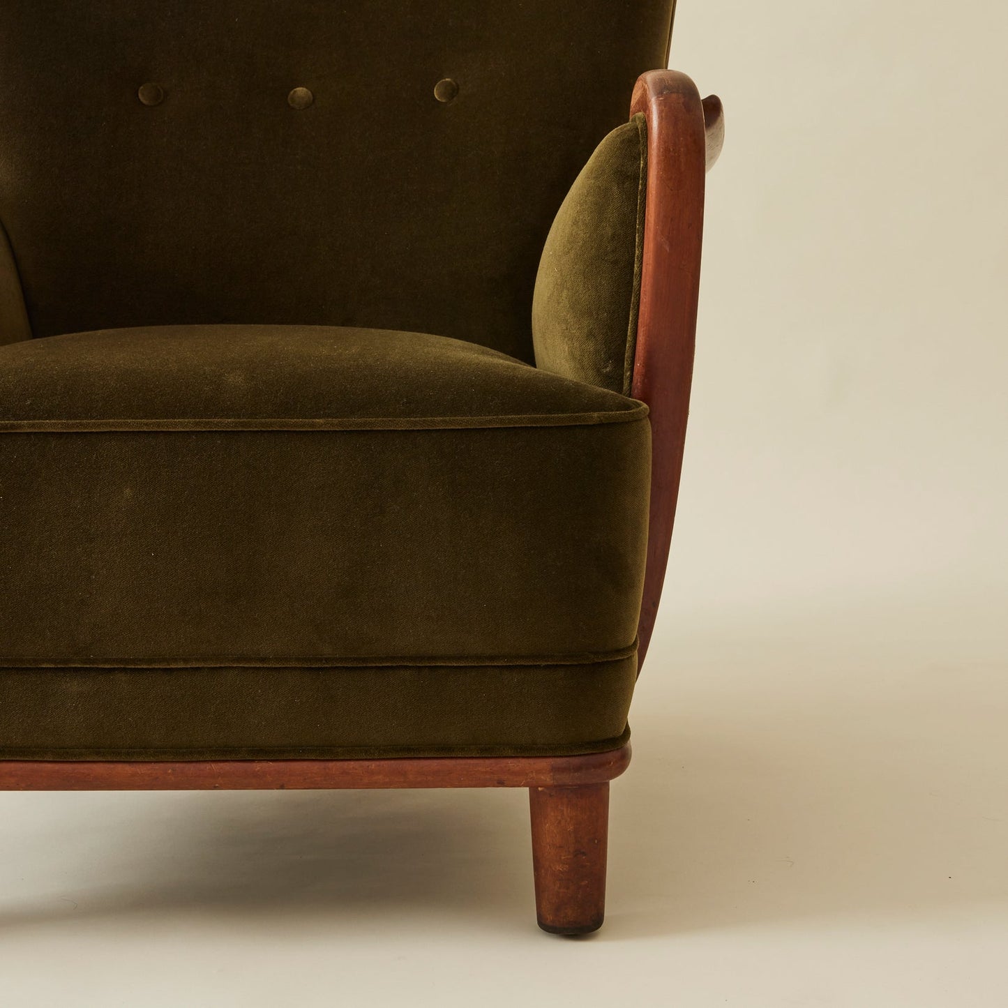 Danish Lounge Chair with Velvet and Wood-Trimmed Armrest, 1940's Chairs