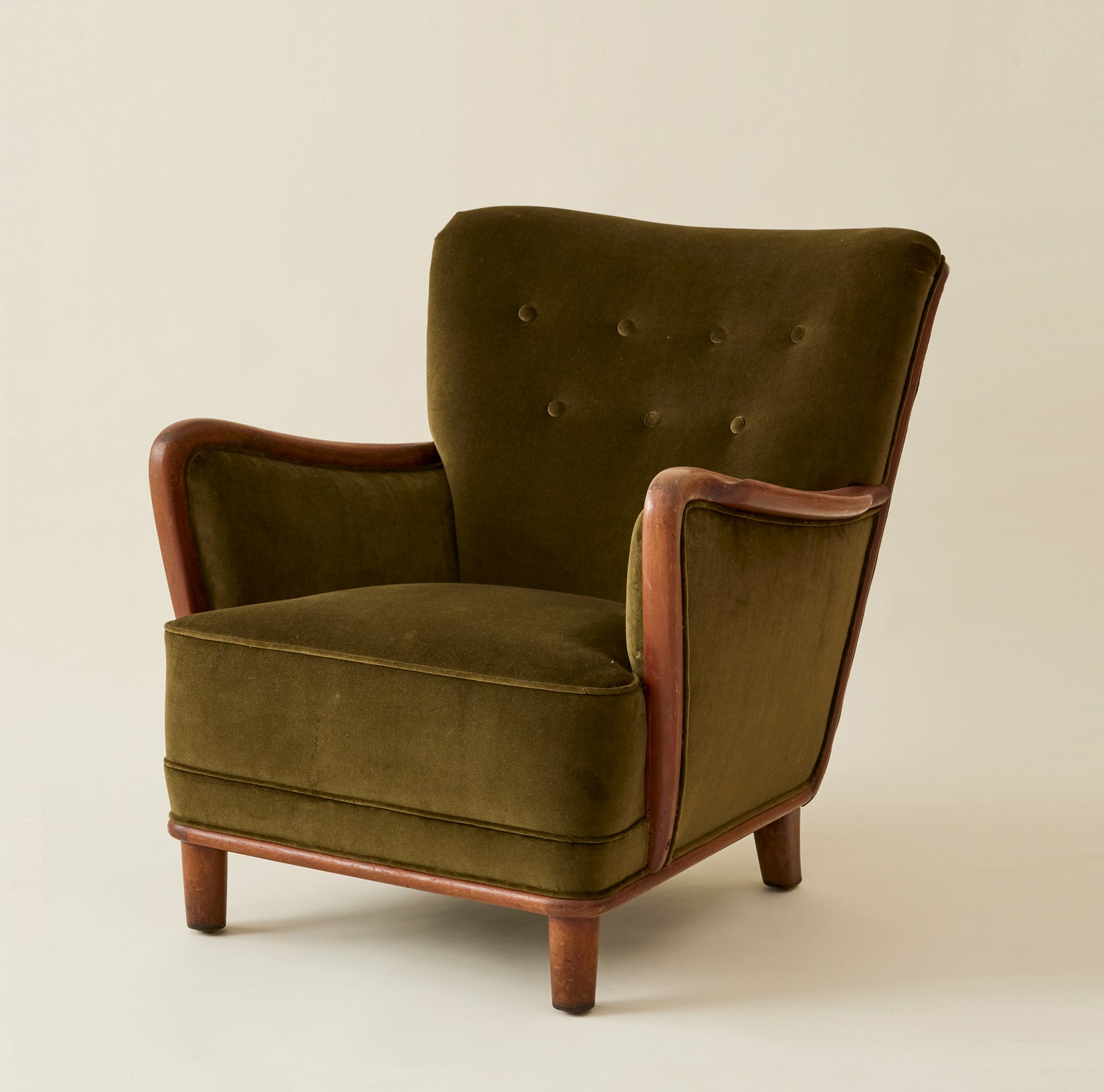 Danish Lounge Chair with Velvet and Wood-Trimmed Armrest, 1940's Chairs