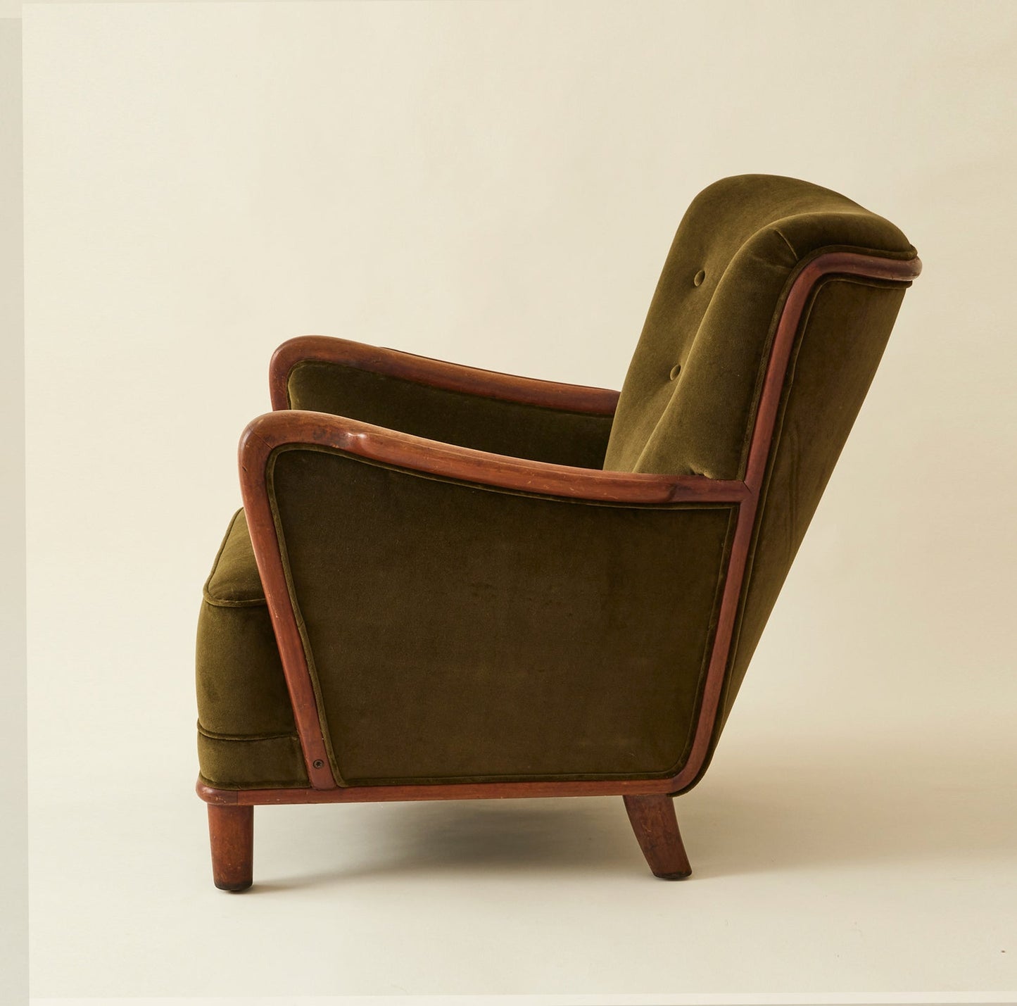 Danish Lounge Chair with Velvet and Wood-Trimmed Armrest, 1940's Chairs
