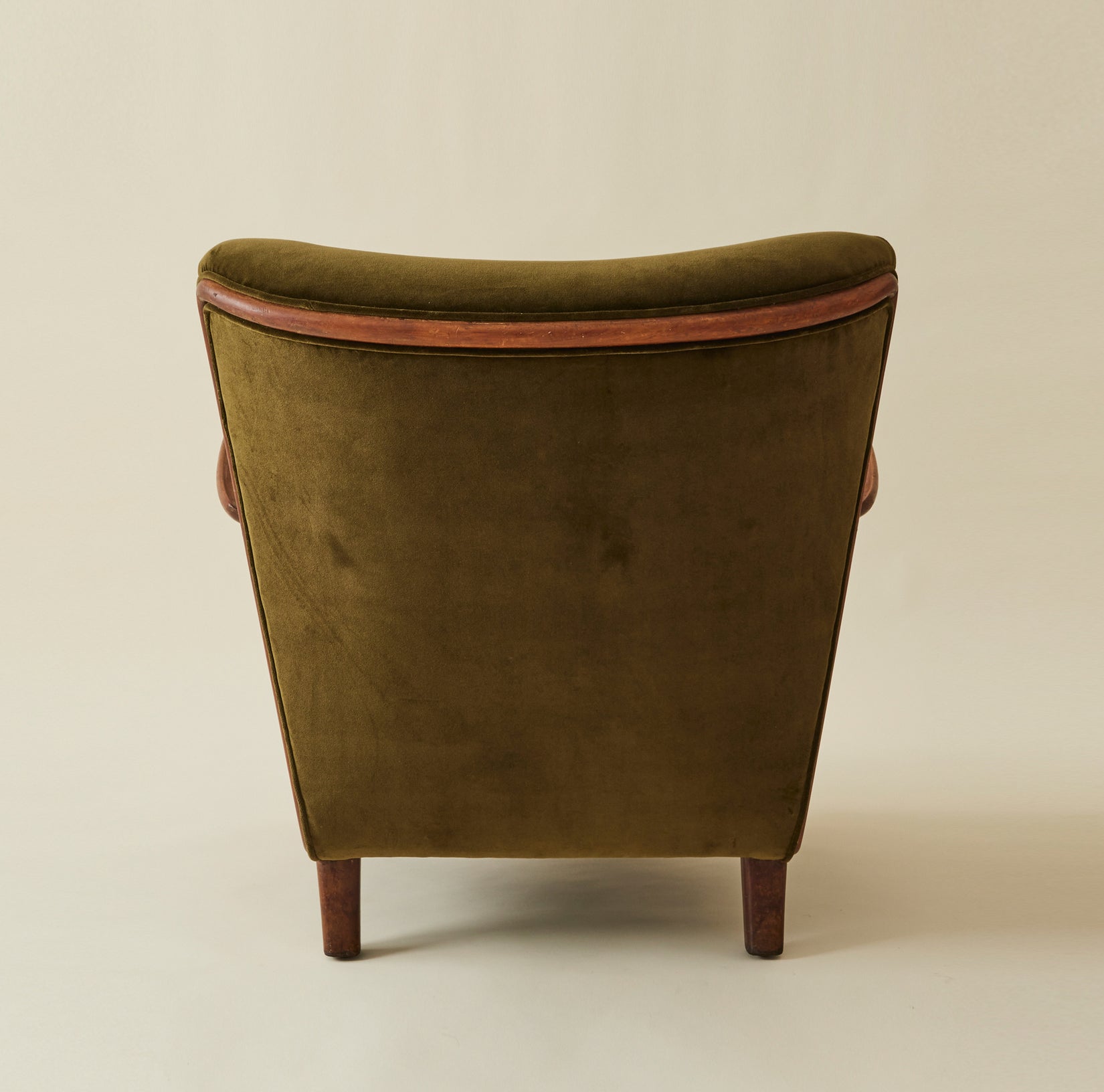 Danish Lounge Chair with Velvet and Wood-Trimmed Armrest, 1940's Chairs