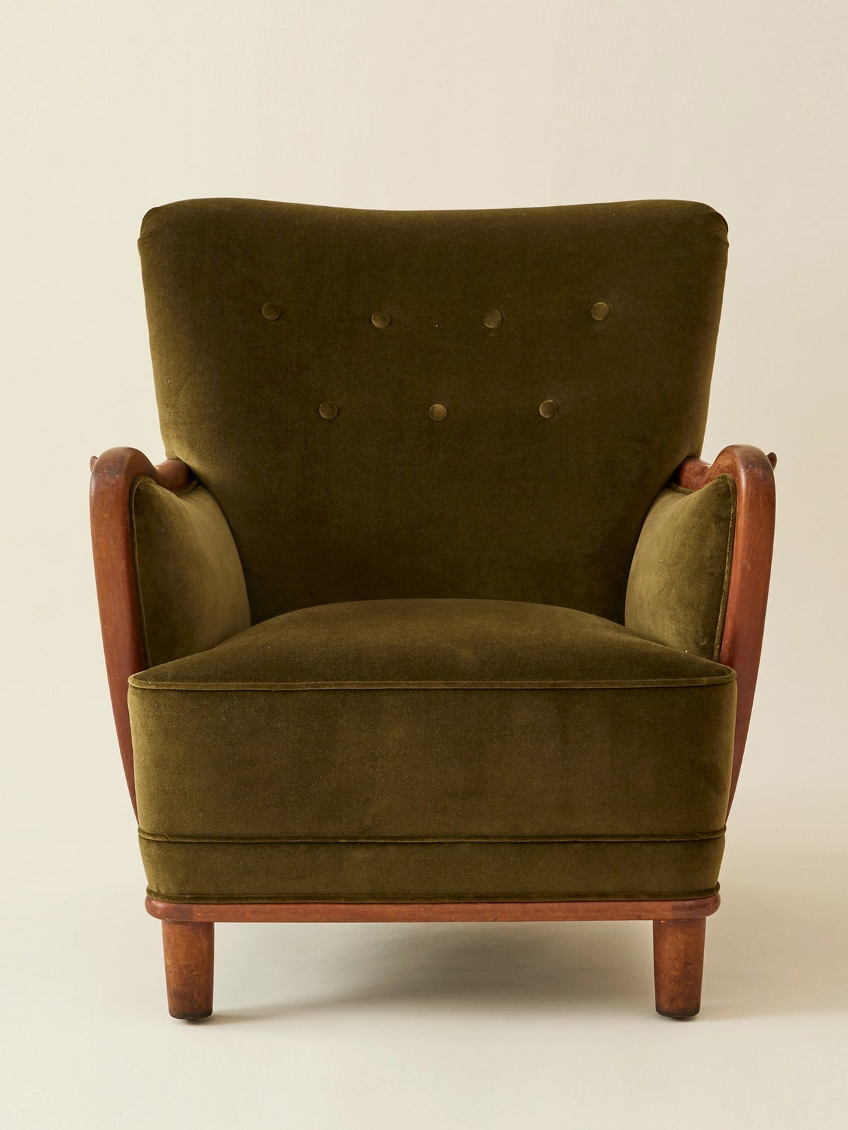 Danish Lounge Chair with Velvet and Wood-Trimmed Armrest, 1940's Chairs