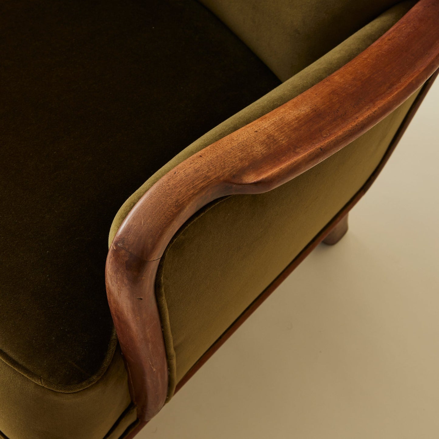 Danish Lounge Chair with Velvet and Wood-Trimmed Armrest, 1940's Chairs