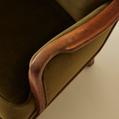 Danish Lounge Chair with Velvet and Wood-Trimmed Armrest, 1940's Chairs