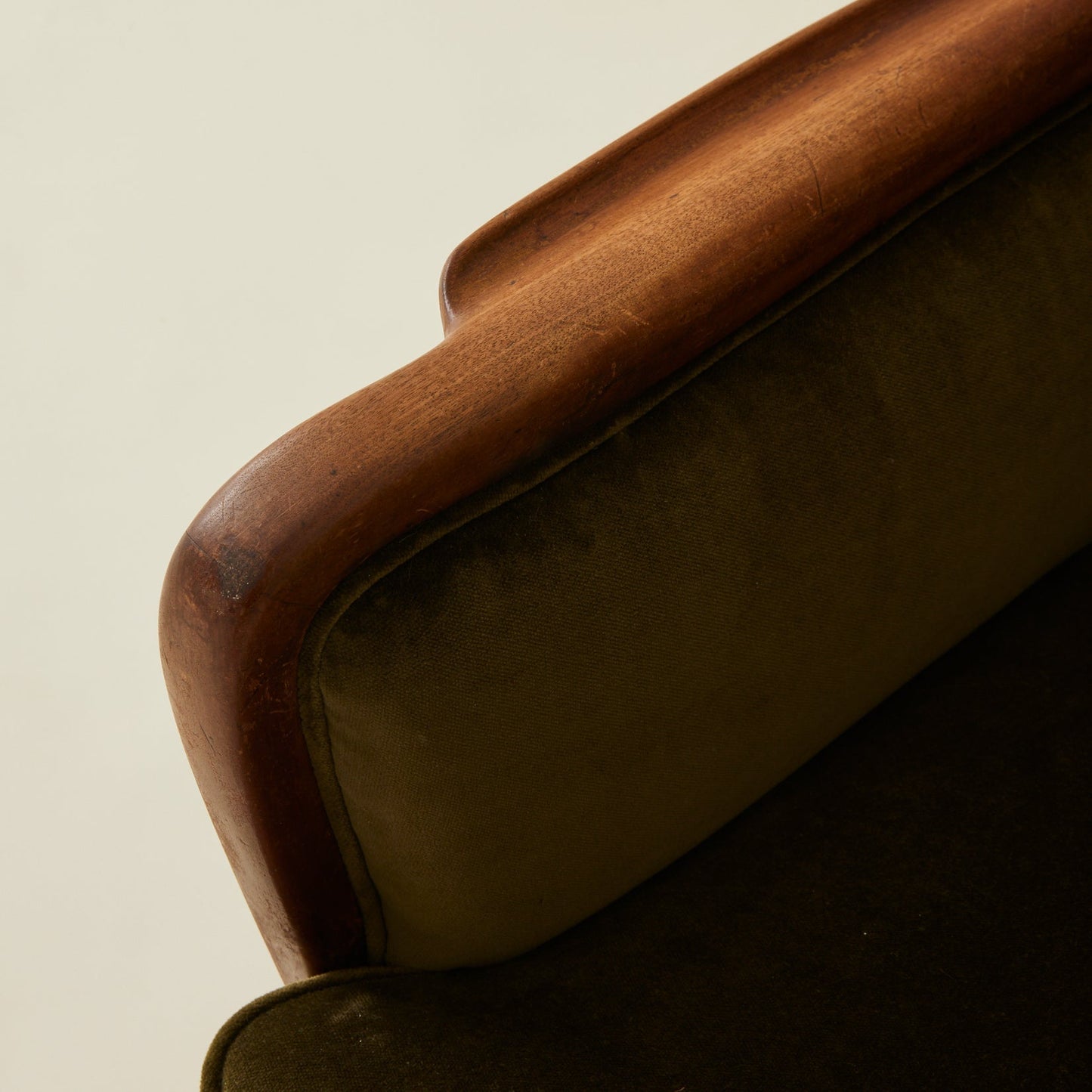 Danish Lounge Chair with Velvet and Wood-Trimmed Armrest, 1940's Chairs