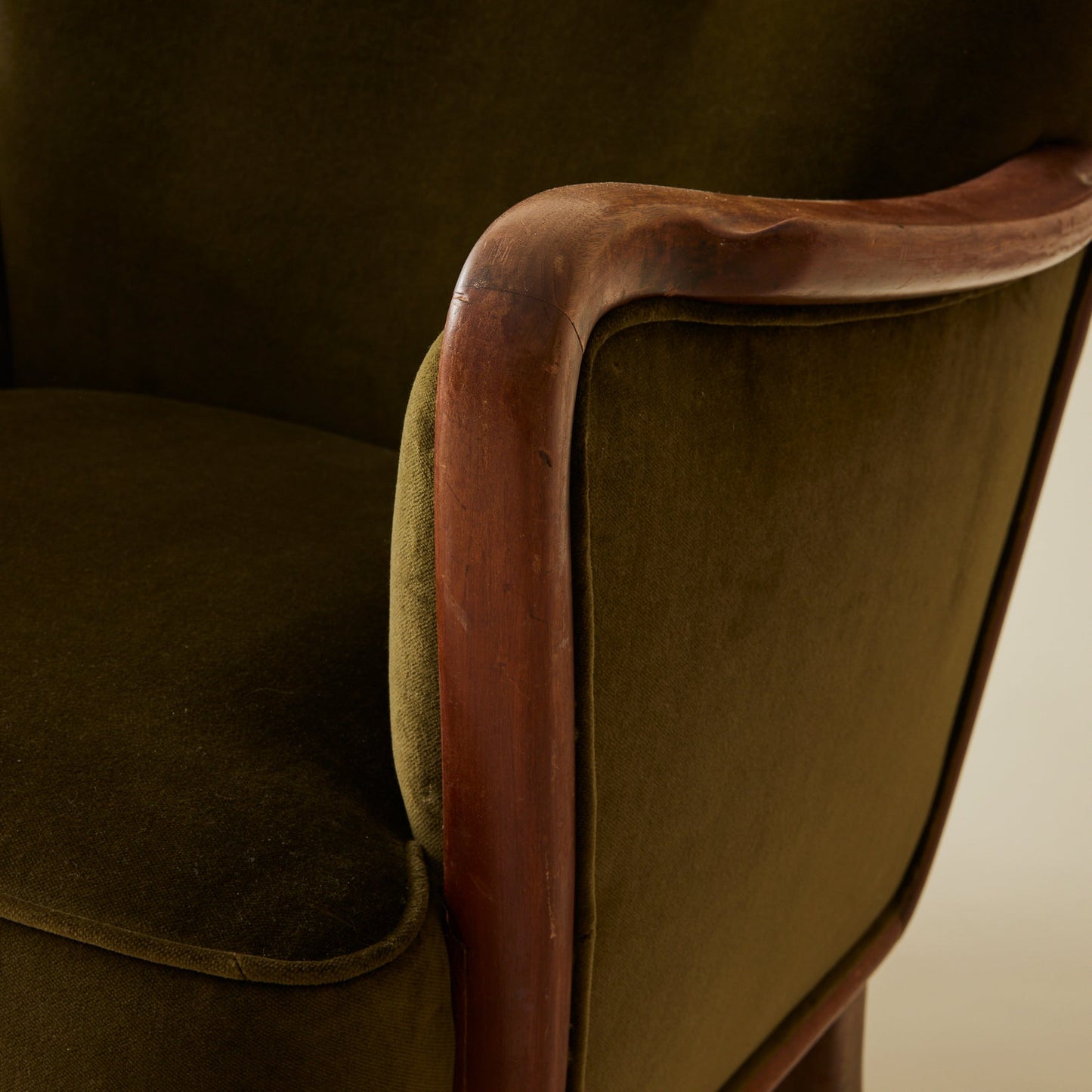 Danish Lounge Chair with Velvet and Wood-Trimmed Armrest, 1940's Chairs