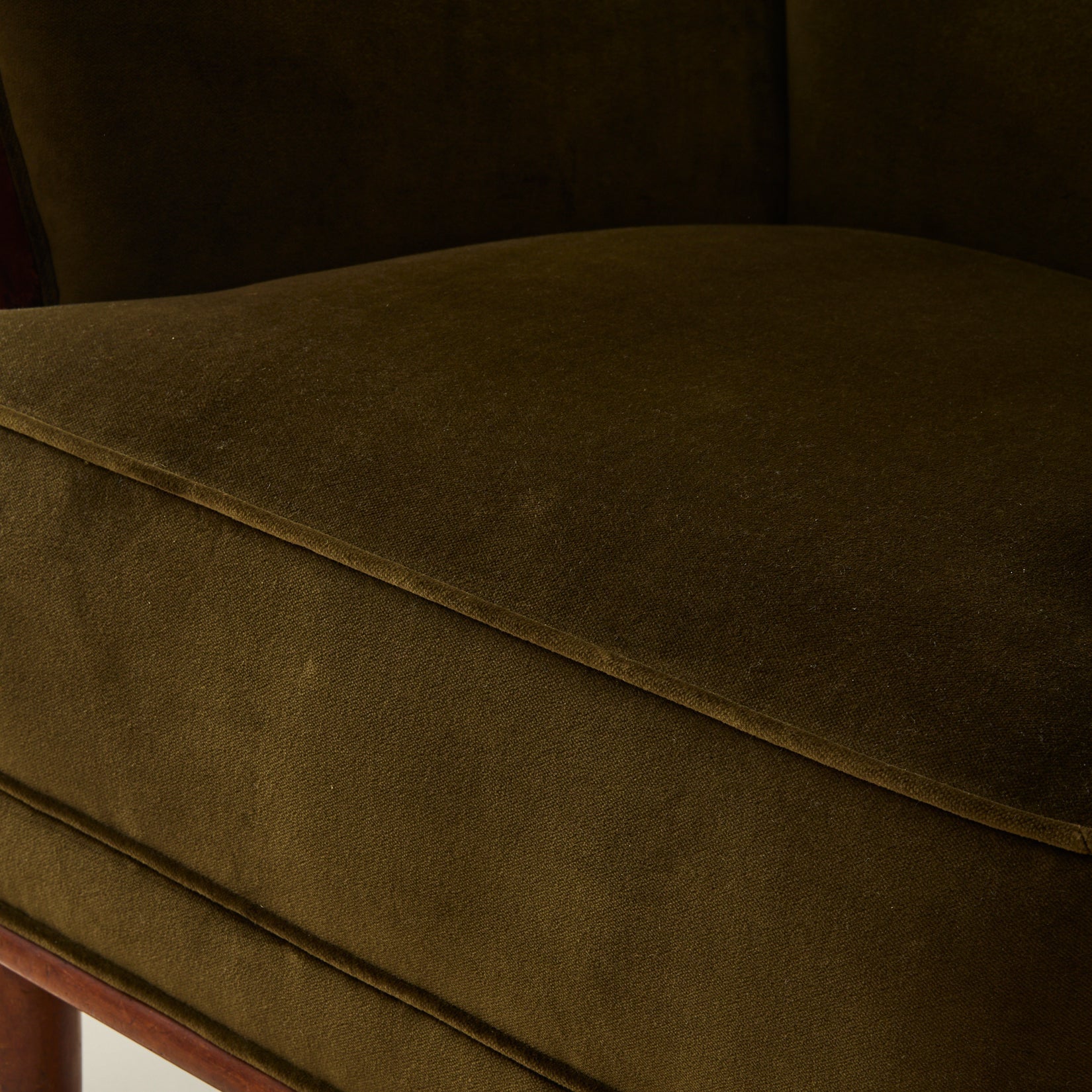 Danish Lounge Chair with Velvet and Wood-Trimmed Armrest, 1940's Chairs