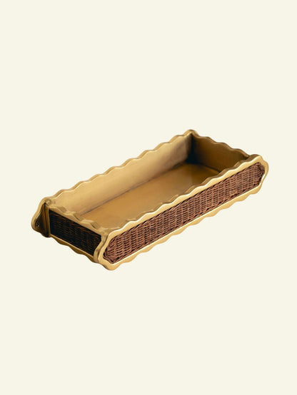 Delilah Small Tray, Brass & Teak, front view on a plain ground