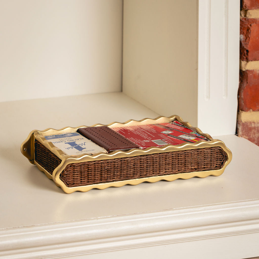 Delilah Small Tray, Brass & Teak, on a shelf holding playing cards