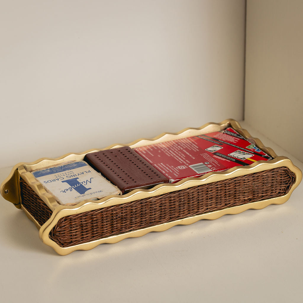 Delilah Small Tray, Brass & Teak, on a shelf, side view