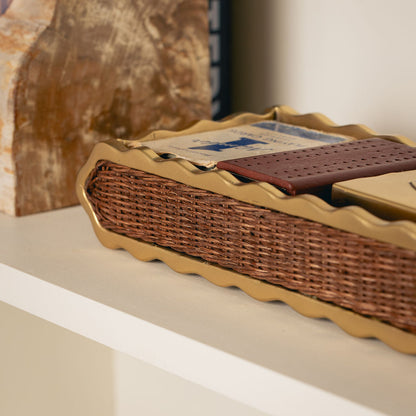 Delilah Small Tray, Brass & Teak, detail of the scalloped brass rim and rattan weave