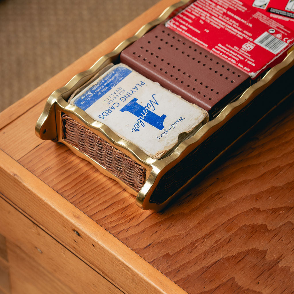 Delilah Small Tray, Brass & Teak, corner detail on a wooden desk