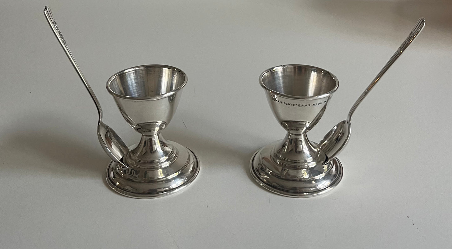Silver Plated Egg Cups with Build-in Spoon Holder