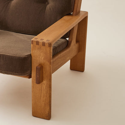 Esko Pajamies Oak Bonanza Lounge Chairs with Mohair Cushions, 1960s, a Pair Chairs