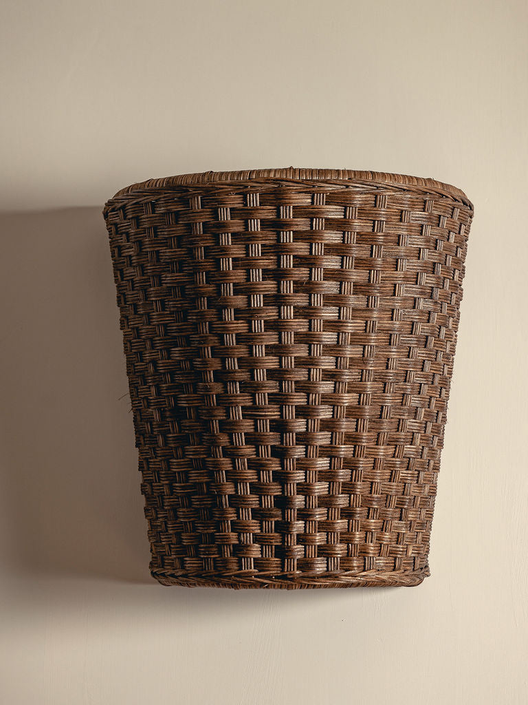 Evelyn Wall Light Shade, Teak, mounted on a wall, side view