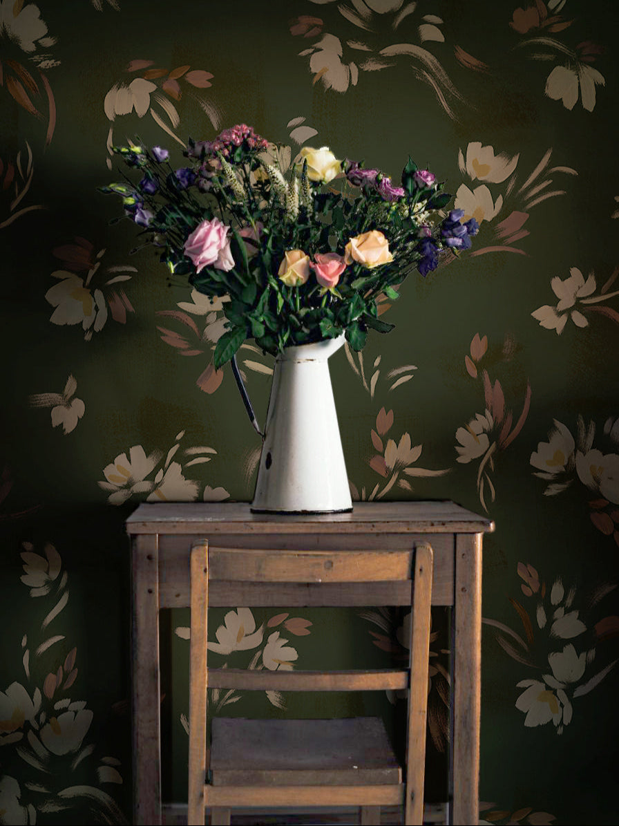 Floating Slowly Wallpaper in Midnight Garden by Papier, styled interior