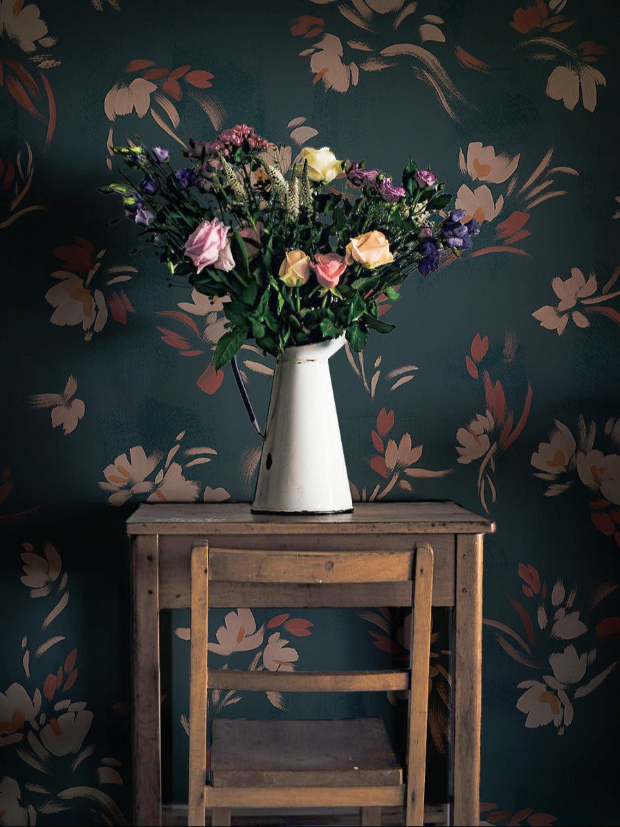 Floating Slowly Wallpaper in Onyx by Papier, styled interior