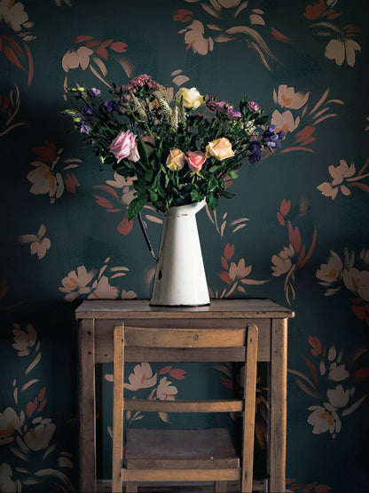 Floating Slowly Wallpaper in Onyx by Papier, styled interior