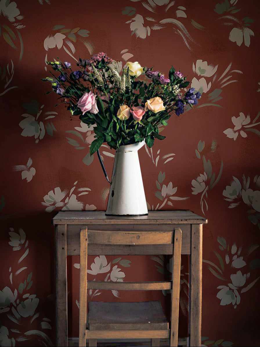 Floating Slowly Wallpaper in Red Dahlia by Papier, styled interior