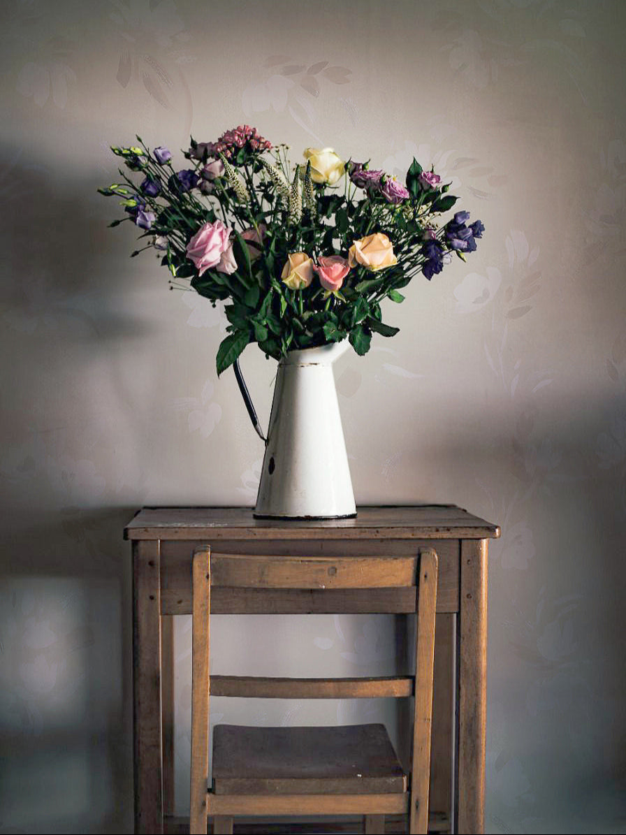 Floating Slowly Wallpaper in Winter Wheat by Papier, styled interior
