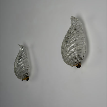 Pair of "Foglia" Murano Glass Wall Lights by Ercole Barovier for Barovier & Toso, 1940s Sconces