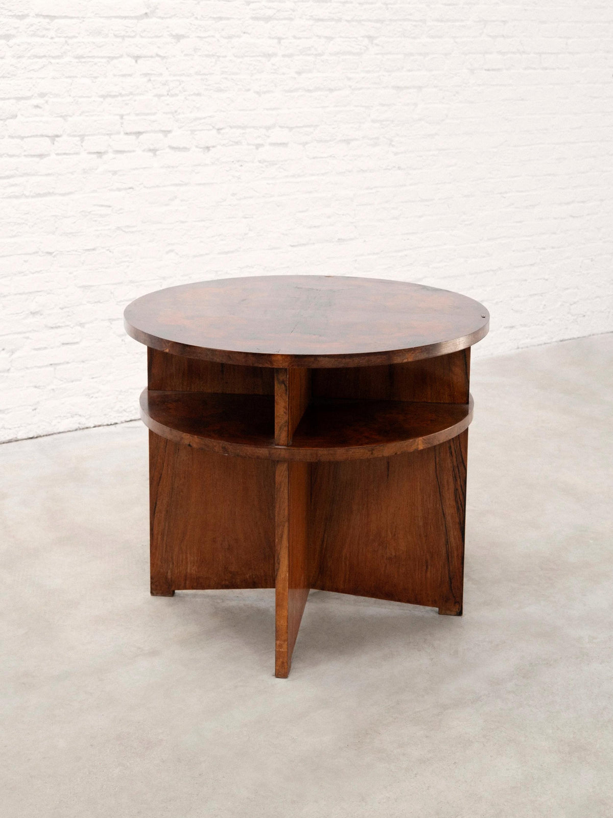 French 20th Century Modernist Figured Walnut Circular Coffee Table with Integrated Shelving Coffee Tables