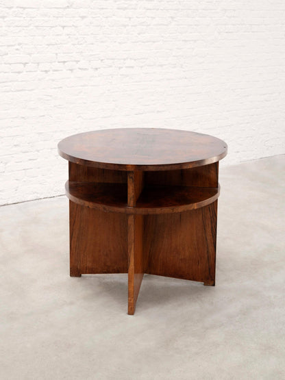French 20th Century Modernist Figured Walnut Circular Coffee Table with Integrated Shelving Coffee Tables