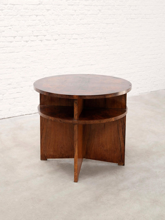 French 20th Century Modernist Figured Walnut Circular Coffee Table with Integrated Shelving Coffee Tables
