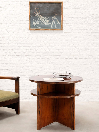 French 20th Century Modernist Figured Walnut Circular Coffee Table with Integrated Shelving Coffee Tables
