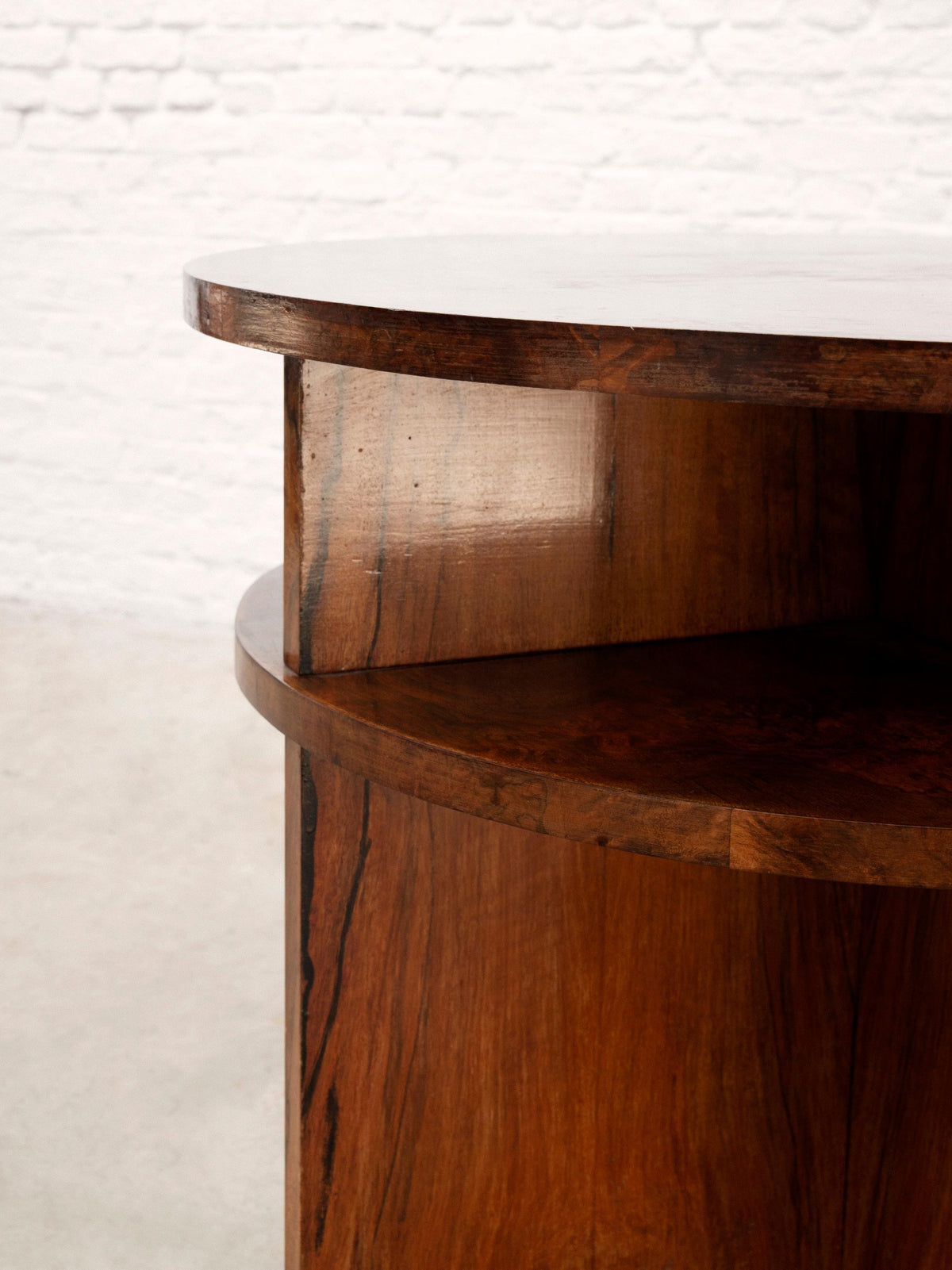 French 20th Century Modernist Figured Walnut Circular Coffee Table with Integrated Shelving Coffee Tables