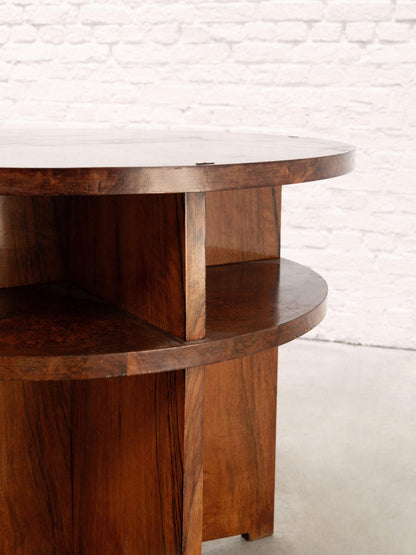 French 20th Century Modernist Figured Walnut Circular Coffee Table with Integrated Shelving Coffee Tables