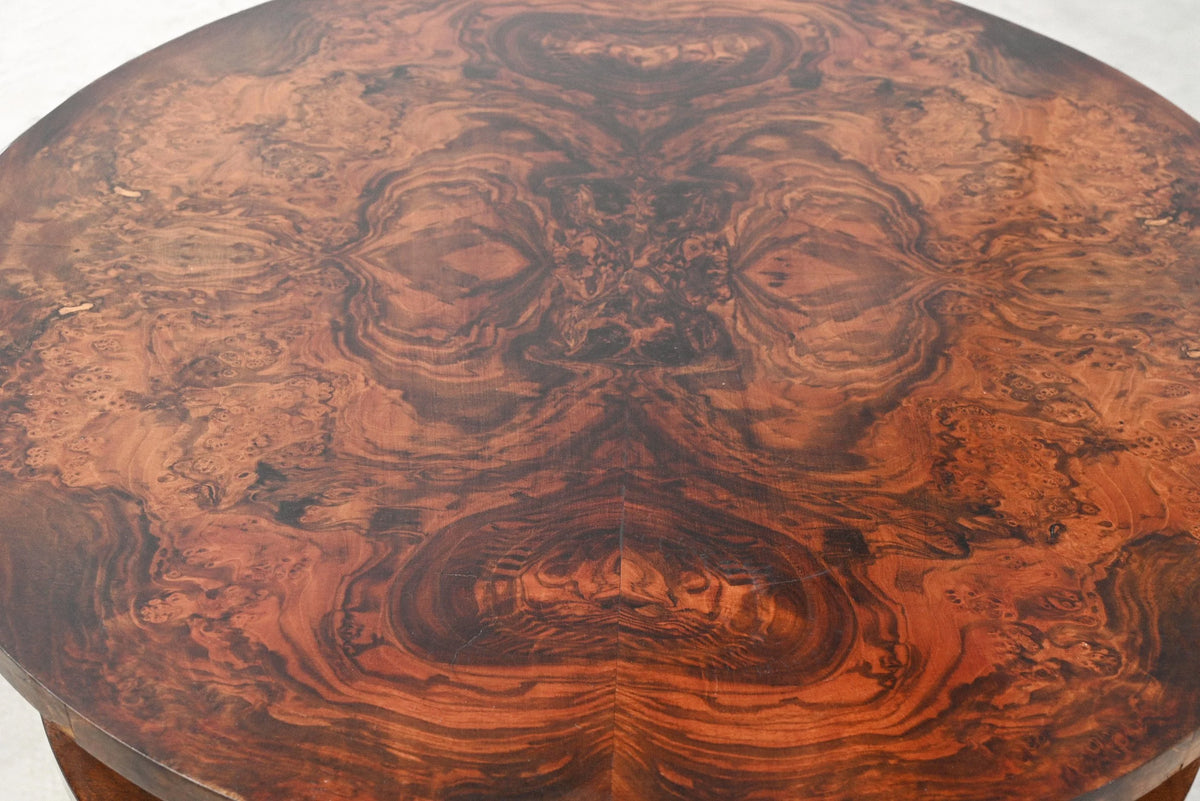 French 20th Century Modernist Figured Walnut Circular Coffee Table with Integrated Shelving Coffee Tables