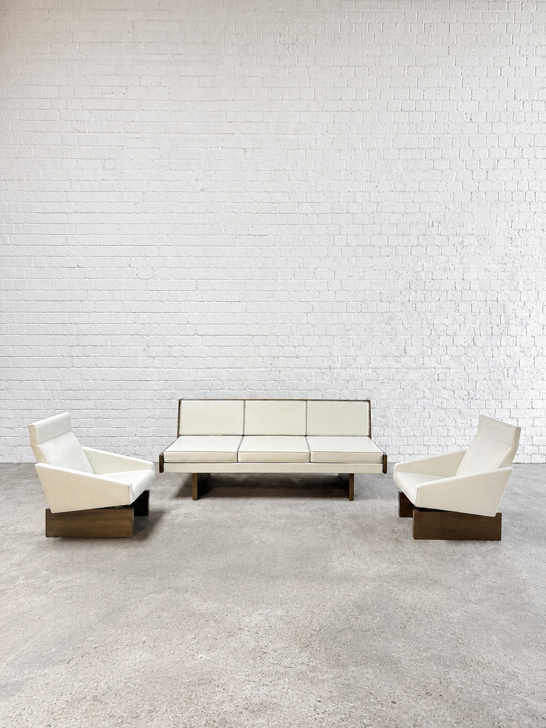 1950s French Modernist Living Room Sofa Set, White Leather and Drak Pine Sofas