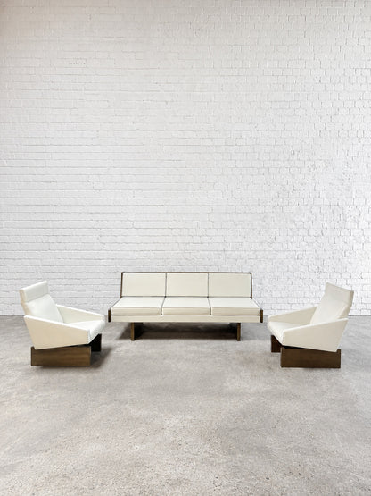 1950s French Modernist Living Room Sofa Set, White Leather and Drak Pine Sofas