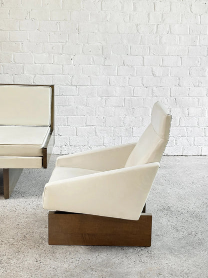 French Modernist Living Room Sofa Set in White Leather, 1950s Chairs