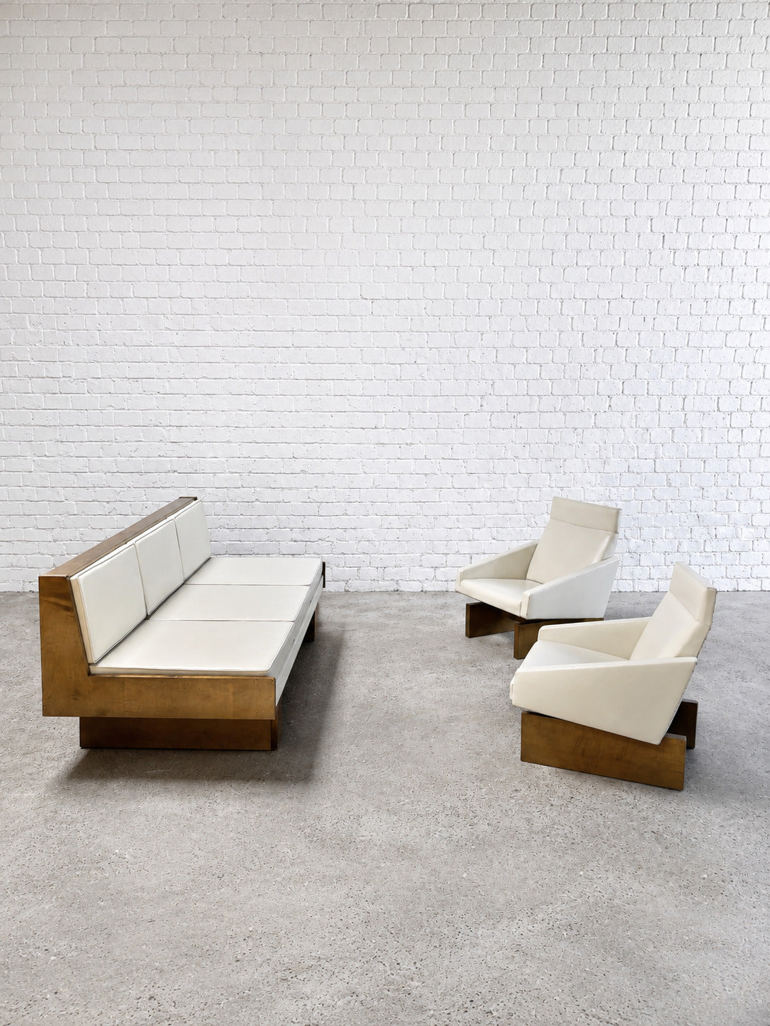 1950s French Modernist Living Room Sofa Set, White Leather and Drak Pine Sofas