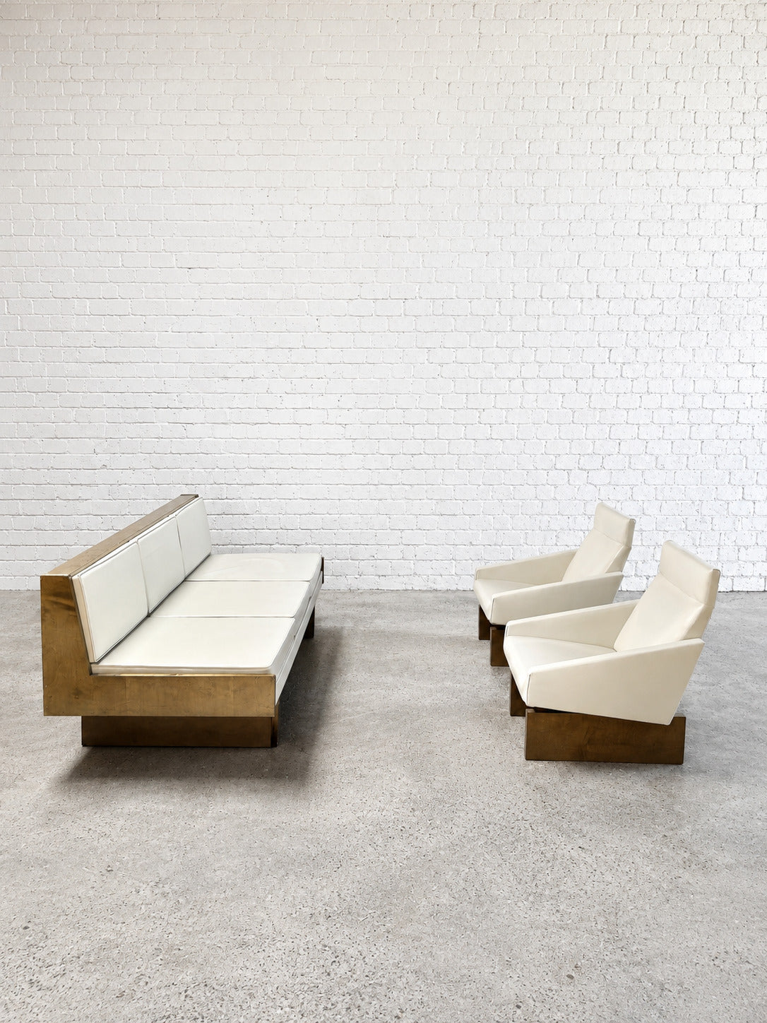 1950s French Modernist Living Room Sofa Set, White Leather and Drak Pine Sofas