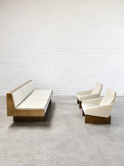 1950s French Modernist Living Room Sofa Set, White Leather and Drak Pine Sofas