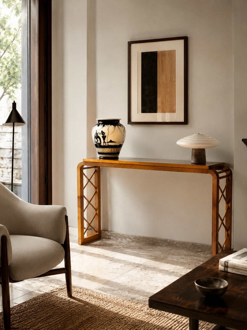 "HYLE" Contemporary Art Deco and Mid-Century Inspired Cherrywood Console by FORME Consoles