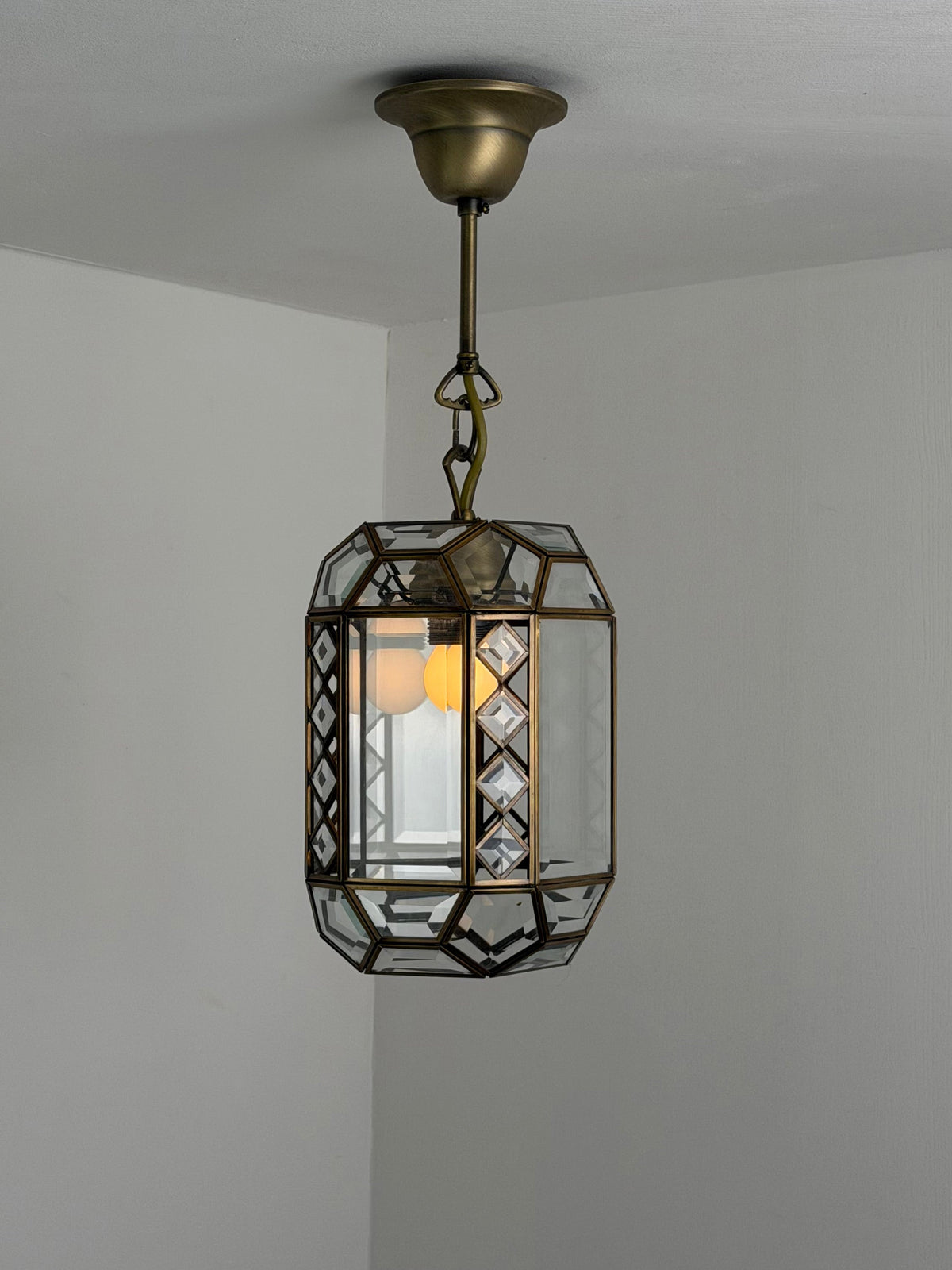 Italian Art Deco Revival Brass and Beveled Glass Lantern, 1970s Pendant Lights