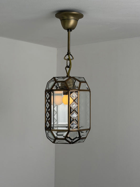 Italian Art Deco Revival Brass and Beveled Glass Lantern, 1970s Pendant Lights