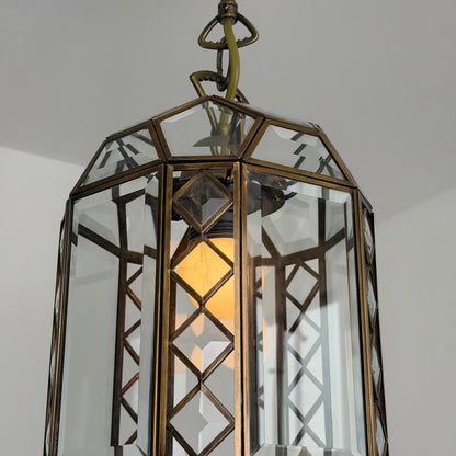Italian Art Deco Revival Brass and Beveled Glass Lantern, 1970s Pendant Lights
