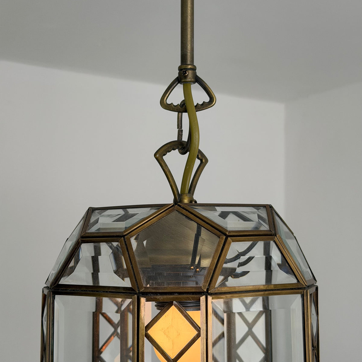 Italian Art Deco Revival Brass and Beveled Glass Lantern, 1970s Pendant Lights