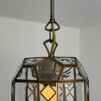 Italian Art Deco Revival Brass and Beveled Glass Lantern, 1970s Pendant Lights