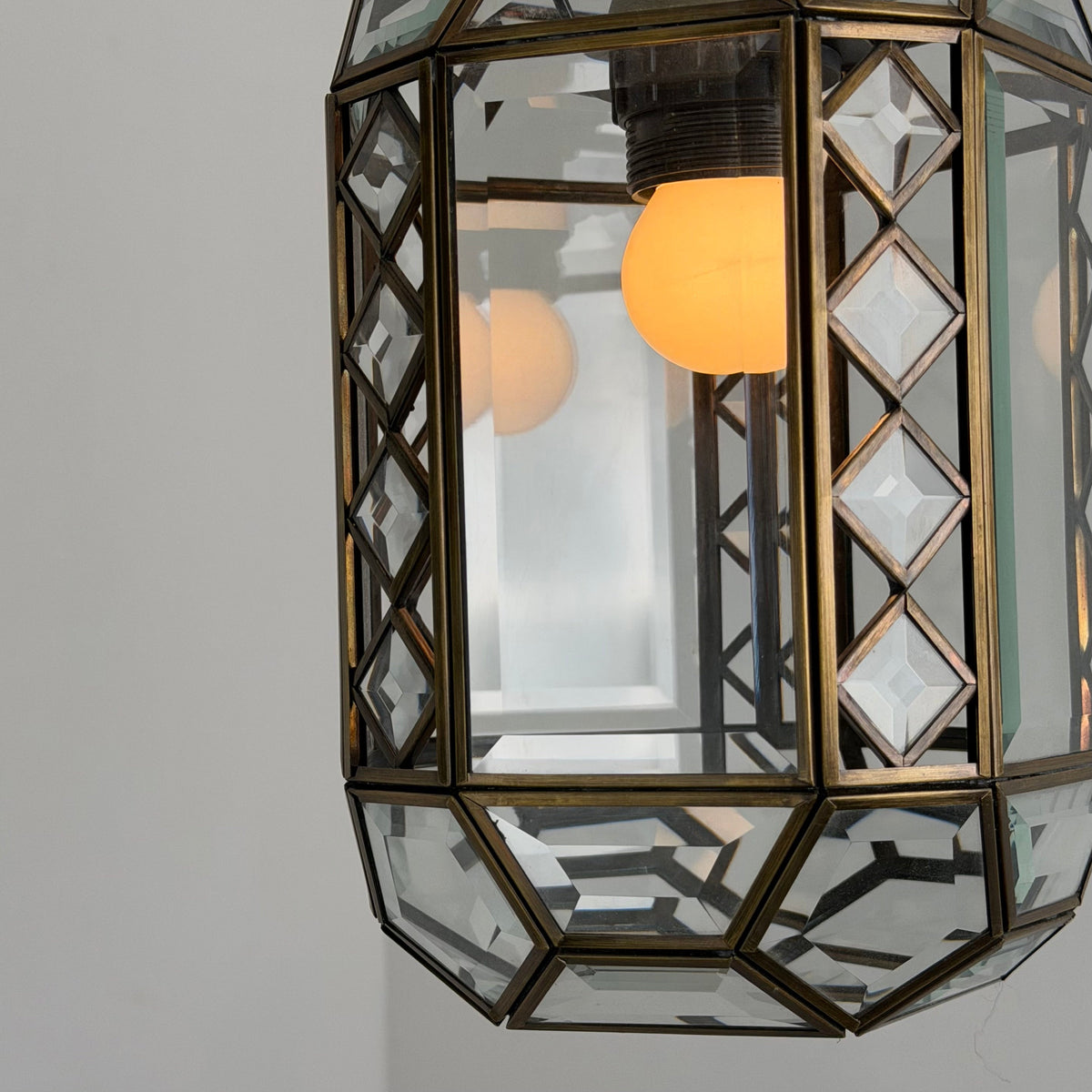 Italian Art Deco Revival Brass and Beveled Glass Lantern, 1970s Pendant Lights