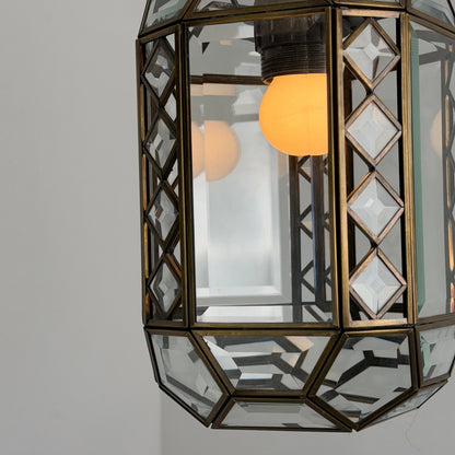 Italian Art Deco Revival Brass and Beveled Glass Lantern, 1970s Pendant Lights